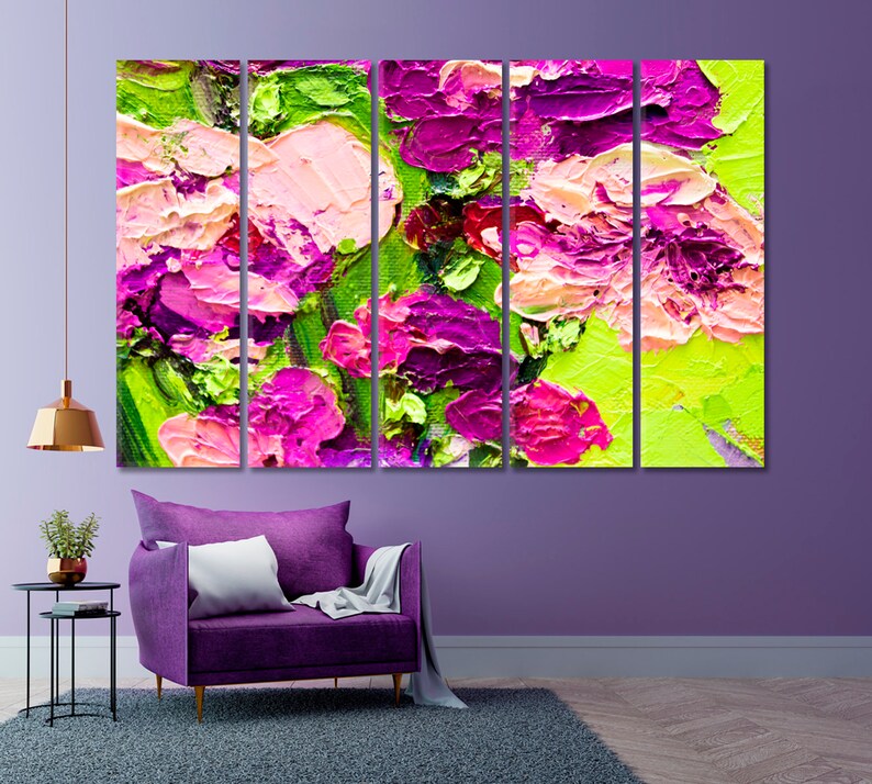 May include: Abstract painting of pink and purple flowers on a green background. The painting is divided into five panels.