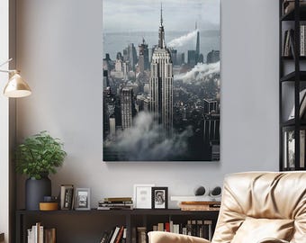 Empire State Building Leinwanddruck, Neblige Skyline New York Wandkunst, Empire State Building Dekor für Haus und Büro, Geschenk für Stadtliebhaber