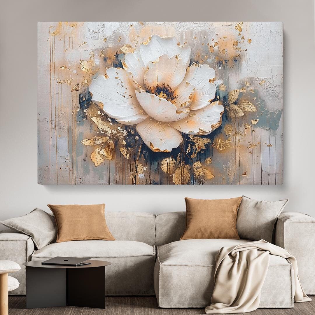 Abstract Flower Wall Art, White and Gold Floral Canvas Print, Flower ...