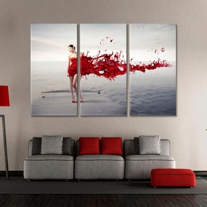 LADY IN RED Wall Art, Beautiful Woman on Pier Canvas Print, Woman Fashion Wall Art, Woman Red Dress Canvas Print Framed Large Wall Art Decor