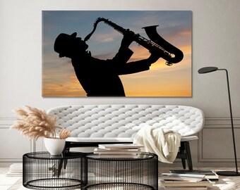 Saxophonist Wall Art, Jazz Wall Art, Music Canvas Print, Man Saxophone Sunset Canvas Print, Jazz Player Poster, Blues Music Wall Art Decor