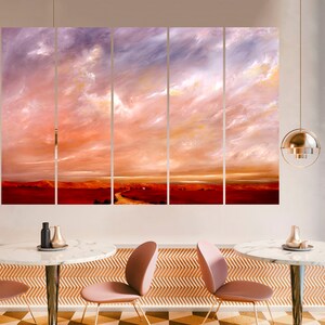 May include: A five-panel canvas print depicting a landscape scene with a red-hued sky and a winding path leading to a distant horizon. The sky is filled with wispy clouds, creating a sense of depth and movement. The colors are warm and inviting, with shades of pink, orange, and red dominating the composition.