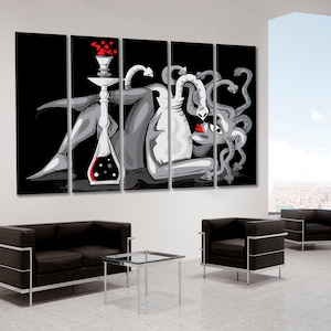 Contemporary Abstract Woman Hookah Art, Mythology Artistic Wall Art Canvas Print, Modern Trendy Panels, Artistic Large Art Home Decor