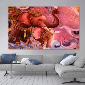 May include: A vibrant painting depicting two pink elephants with intricate details. The elephants are surrounded by swirling patterns and a large eye, creating a mystical and colorful scene.