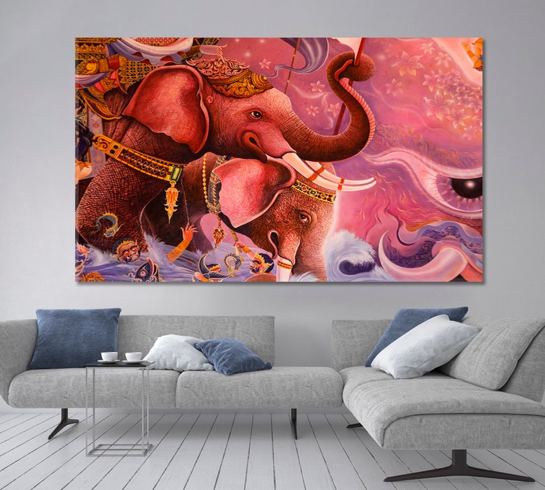 May include: A vibrant painting depicting two pink elephants with intricate details. The elephants are surrounded by swirling patterns and a large eye, creating a mystical and colorful scene.