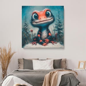 Eidechse Wanddekor, verschneite Waldeidechse Leinwanddruck, Eidechse Wandkunst für Kinderzimmer, Tier Fantasy Kunst Dekor