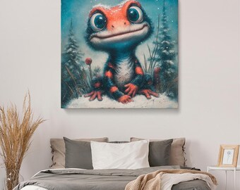 Decoración de pared de lagarto, impresión en lienzo de criatura lagarto de bosque nevado, arte de pared de lagarto para habitación infantil, decoración de arte de fantasía animal