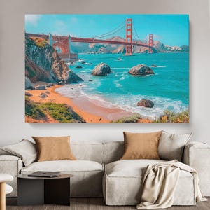Stampa su tela raffigurante la costa del Golden Gate Bridge, decorazione murale della baia di San Francisco, decorazione da spiaggia della California, opera d&#39;arte pronta da appendere, grande opera d&#39;arte della California
