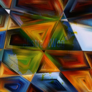 May include: Abstract painting featuring a geometric pattern of overlapping triangles in shades of blue, green, orange, and red. The painting has a textured, brushstroke effect.