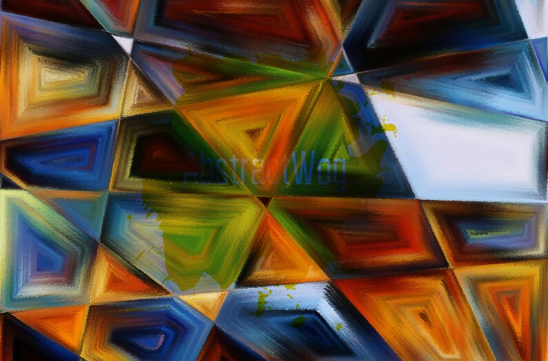 May include: Abstract painting featuring a geometric pattern of overlapping triangles in shades of blue, green, orange, and red. The painting has a textured, brushstroke effect.