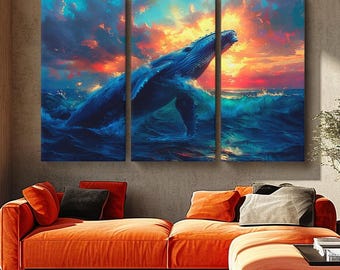 Impresión en lienzo de ballena al atardecer, arte mural oceánico para sala de estar u oficina, tapiz grande de vida marina, impresión artística multipanel de ballena