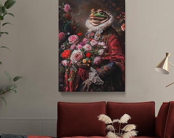 Frog Art Print, Renaissance Frog Portrait Wall Art, Regal Frog Canvas Print, Frog Wall Hangings, Unique Home Decor, Gift for Animal Lovers