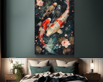 カラフルな鯉の池のキャンバス、大きな壁アート - Etsy 日本