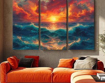 Tela impressa com estampa do oceano, arte de parede com ondas dramáticas para sala de estar ou escritório, decoração vibrante de pôr do sol no oceano, ondas do oceano prontas para pendurar.