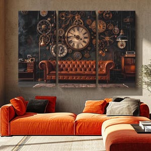 Arte de parede com relógio steampunk, impressão em tela com mecanismo de relógio steampunk, arte vintage para escritório, impressão de imagem com mecanismo de relógio, decoração moderna steampunk