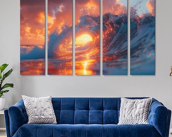 May include: A five-panel canvas print depicting a large wave breaking over a bright orange sunset. The wave is backlit by the setting sun, creating a glowing effect. The water is a deep blue and the sky is a vibrant orange and pink.