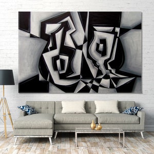May include: Abstract black and white painting of geometric shapes, including a vase, on a white background.