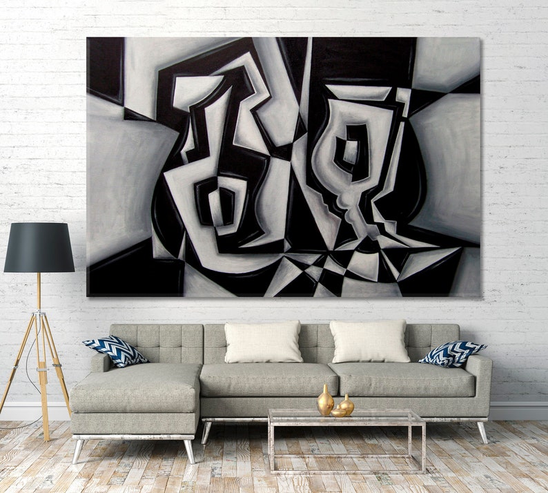 May include: Abstract black and white painting of geometric shapes, including a vase, on a white background.