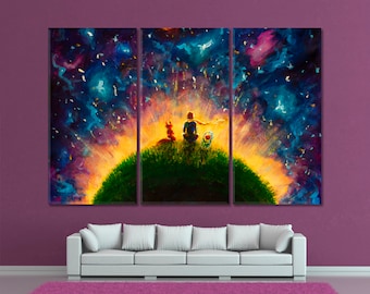May include: A three-panel canvas painting depicting a scene from The Little Prince. The painting features a young boy sitting on a small planet with a fox beside him. The background is a starry night sky with a bright yellow sun.