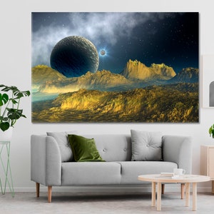 Extraterrestrial Mountains Planetary Triptych Canvas Print, Cosmic Landscape Wall Art, Sci-Fi Fantasy Decor for Home Cinema, Stellar Gift for Astronomy Fans