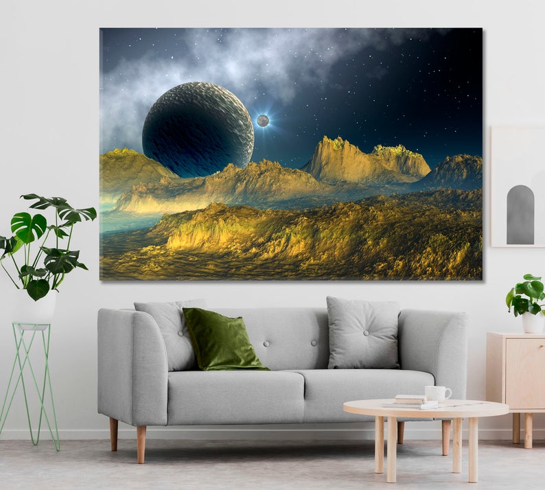 Extraterrestrial Mountains Planetary Triptych Canvas Print, Cosmic Landscape Wall Art, Sci-Fi Fantasy Decor for Home Cinema, Stellar Gift for Astronomy Fans
