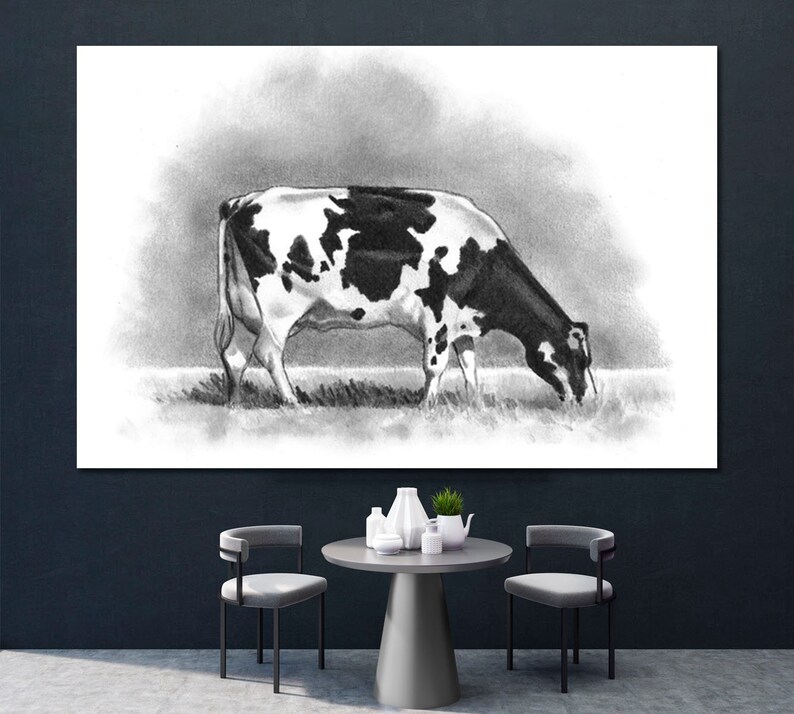 May include: A black and white pencil drawing of a cow grazing in a field. The cow is facing the right side of the image and has black and white spots.