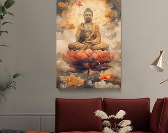 May include: A golden Buddha statue meditating on a large pink lotus flower with smaller yellow flowers in the background. The statue is surrounded by clouds and a golden halo.
