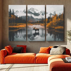 Elch im See Leinwanddruck, Elch Kunstdrucke, Herbst See gerahmte Leinwand, Wildtier Wandkunst, Bergsee Leinwanddruck, Elch im See Kunstwerk