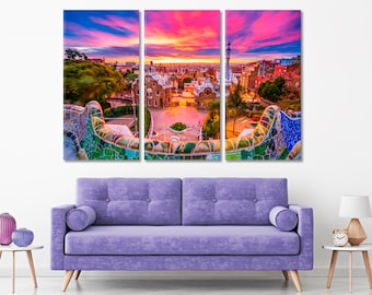 Park Guell Canvas Photo Print, Beautiful Sunrise Barcelona Large Wall Art, Carmel Hill Wall Art, Gaudí Vibrant Architecture On Canvas Print