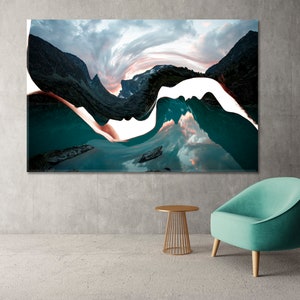 May include: Abstract art print featuring a swirling, distorted landscape with mountains, a lake, and a sky with pink and orange clouds. The image is split in half by a white, wavy line.