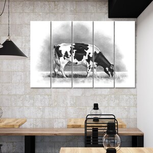 May include: A black and white pencil drawing of a cow grazing in a field. The drawing is divided into five panels, creating a multi-panel art piece.