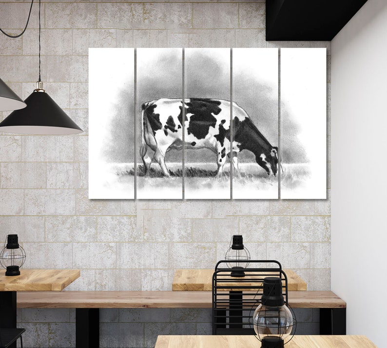 May include: A black and white pencil drawing of a cow grazing in a field. The drawing is divided into five panels, creating a multi-panel art piece.