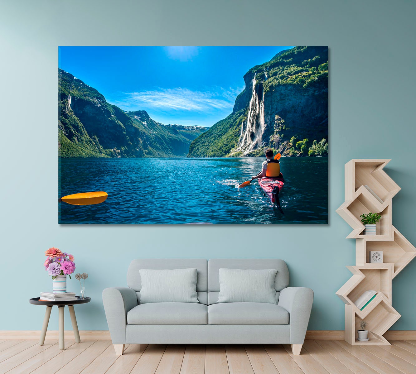 UNESCO World Heritage, Norway Geiranger Fjord Waterfall Seven Sisters Picture On Canvas Print, Man Kayaking Art, Trip Nature Canvas Print