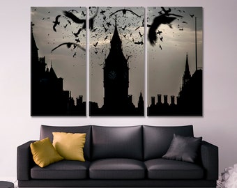 Gothic Big Ben Dark Birds Wall Art, Gothic Canvas Print, Large Art For Home Decor, Framed Canvas Print, Ready To Hang Wall Art Decor