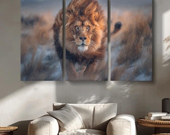 Impresión en lienzo de león en la nieve, arte mural de vida silvestre para oficina o sala de estar, obra de arte de león en invierno, arte de vida silvestre invernal, estampados de animales
