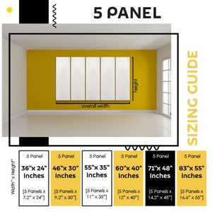 May include: A guide for sizing 5-panel wall art prints. The guide shows different sizes of wall art prints, ranging from 36 inches by 24 inches to 83 inches by 55 inches. The guide also shows the overall width of the wall art prints.