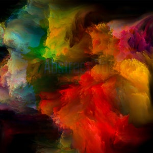 Op de afbeelding: Abstract schilderij met draaiende kleuren in rood, oranje, geel, groen, blauw en paars. De kleuren zijn gemengd om een gevoel van beweging en energie te cre&euml;ren.