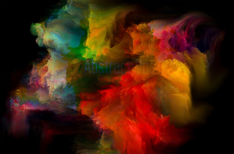 Op de afbeelding: Abstract schilderij met draaiende kleuren in rood, oranje, geel, groen, blauw en paars. De kleuren zijn gemengd om een gevoel van beweging en energie te cre&euml;ren.