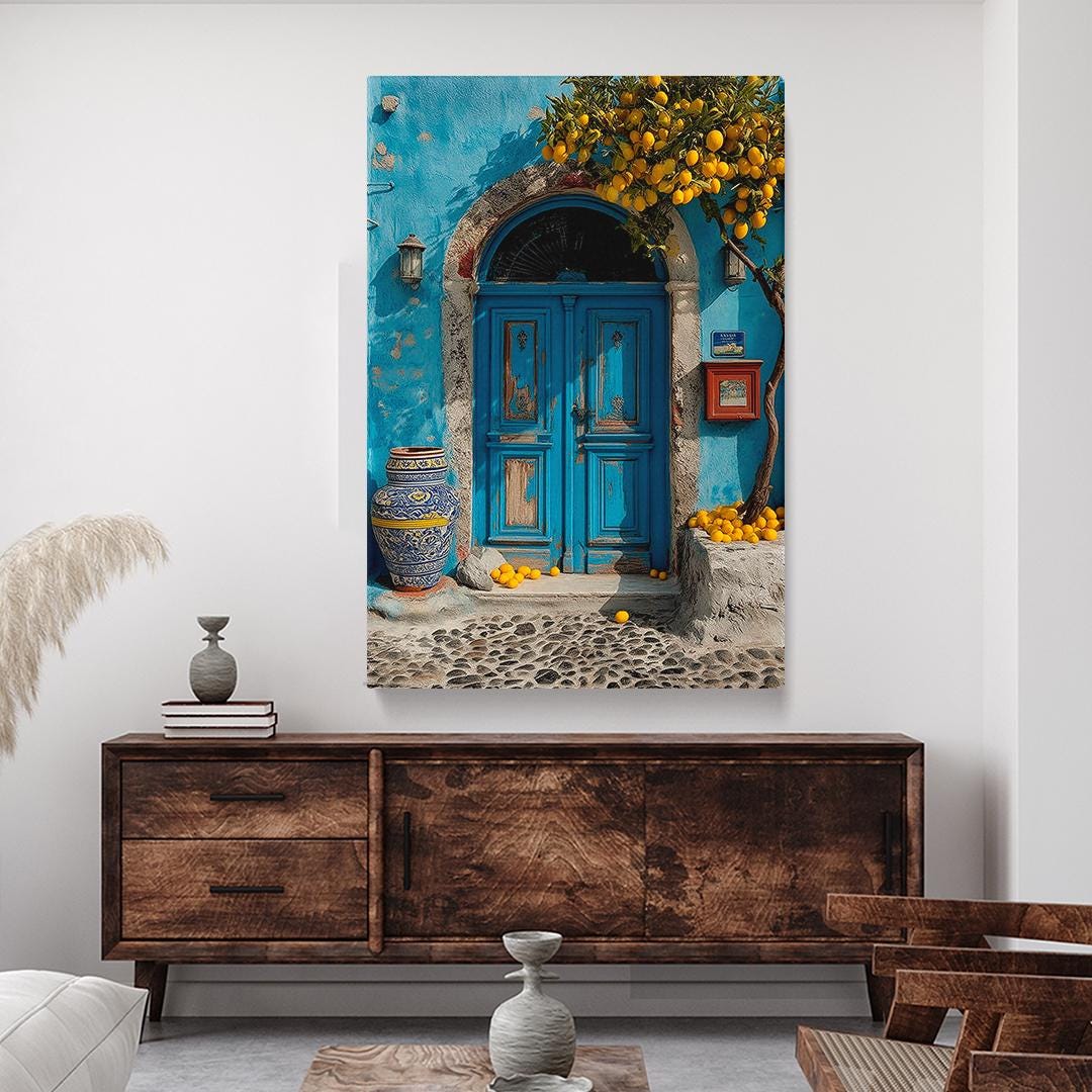 Blue Door With Lemon Tree Canvas Print, Mediterranean Wall Art