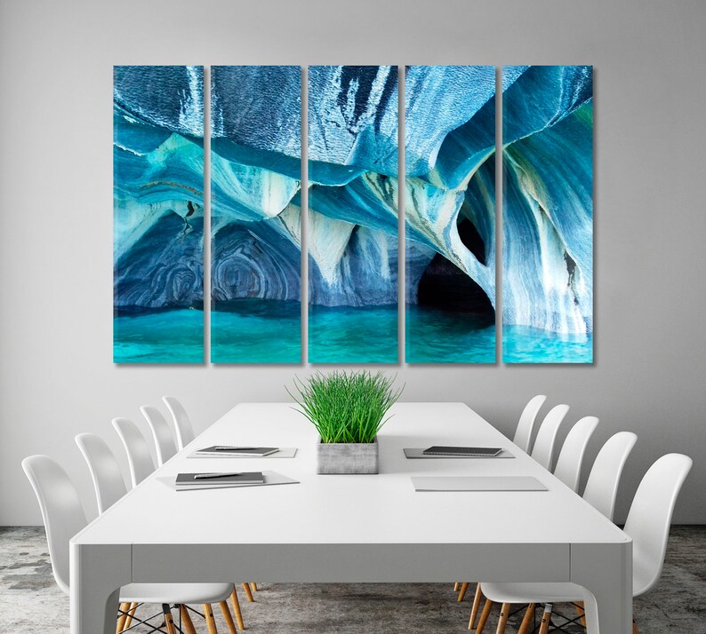 Marble Caves Patagonia Chile Poster Print, Turquoise Colors Splendid Shapes Marble Caves Photo Art Print, Unearthly Beauty Nature Art 5 Panels