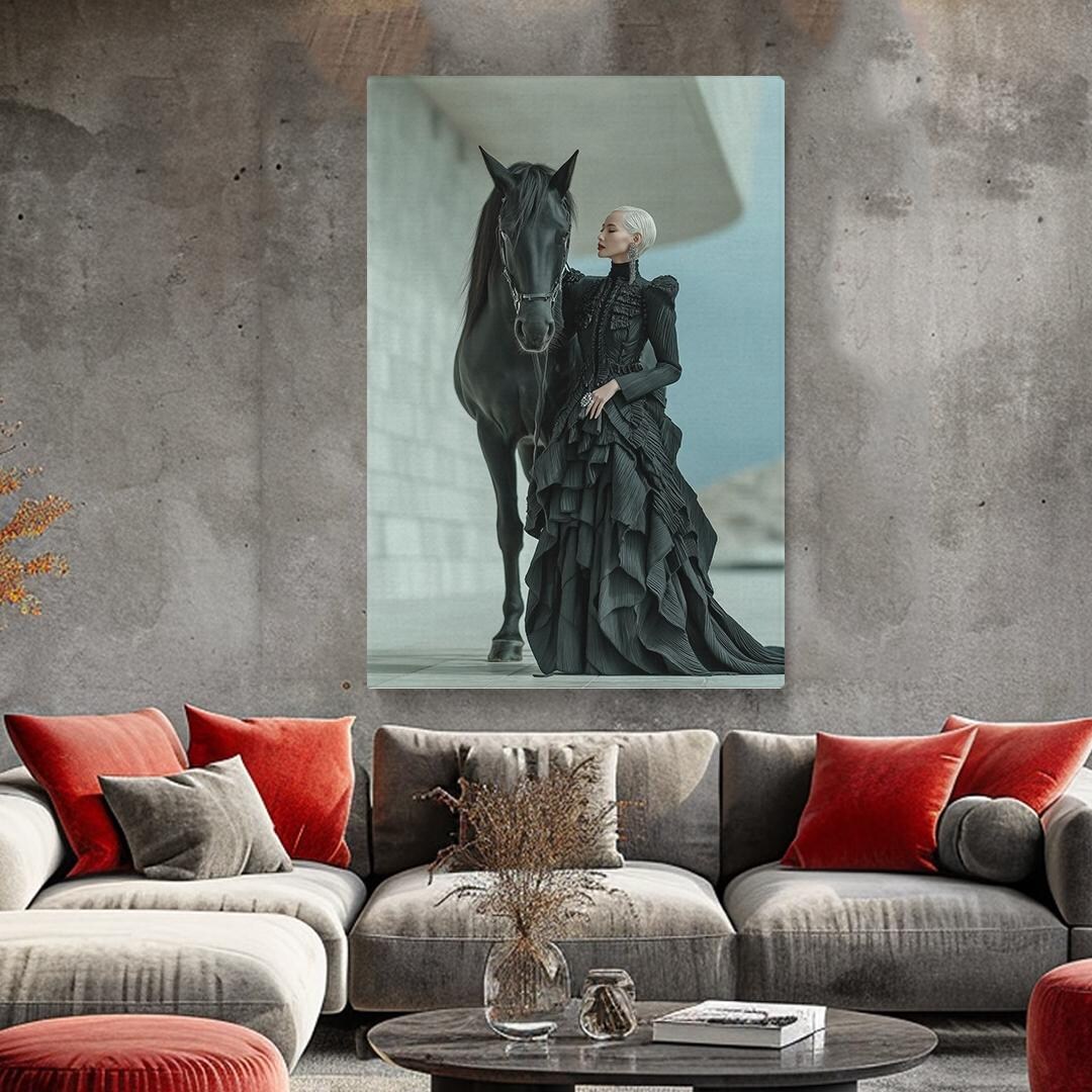 Elegant Woman With Black Horse Canvas Print Fashion Wall Art for Living ...