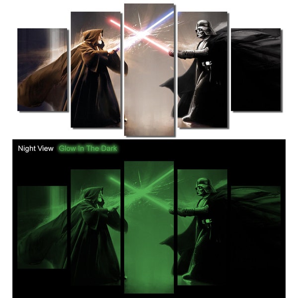 Glow in the Dark Framed Canvas Art - Star Wars Darth Vader Obi-Wan Kenobi Lightsaber - Ready to Hang