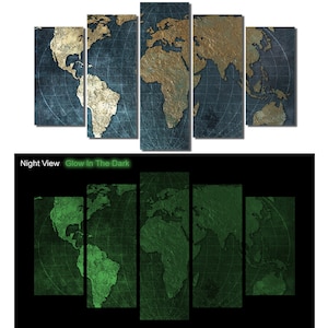 Glow in the Dark Framed Canvas Art - World Map Travel Map Teal - Ready to Hang
