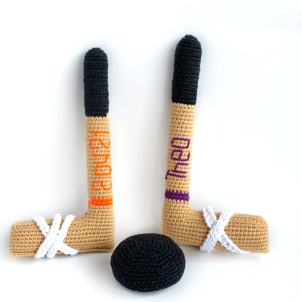 Personalized Newborn set ONE Hockey STICK and PUCK (2 pc) Crochet Rattle Hockey baby gift Baby photo prop Baby gym toy Coach Gift