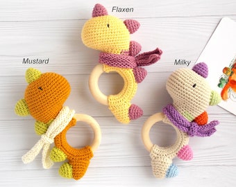 Crochet dino Rattle First baby toy Organic newborn toy Newborn gift box Dragon organic toy Baby shower gift Eco baby toys Xmas present