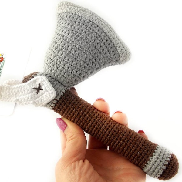 Crochet Ax rattle Tomahawk Newborn Photo prop Viking toy Hammer Gift for boys vikings Amigurumi axe Toddlers education toys