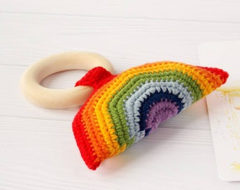 Rainbow rattle Organic learning baby toy Handmade mobile Rainbow gift Newborn waldorf toys Crochet baby rattle Wooden toys