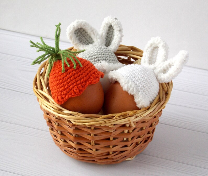 Easter gift 3 crochet hats for eggs Warmer for eggs Crochet bunny decor Carrot Passover basket Easter baby gift Easter basket decor image 2