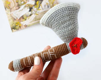 Personalized gift with Heart Crochet Ax rattle Tomahawk Newborn Photo prop Hammer Gift for boys vikings Amigurumi axe Valentine's Day