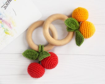 Crochet cherry rattle 1st Birhday Fruit Crochet rattle first toy  Quiet toys Amigurumi food Developing toy Easter basket